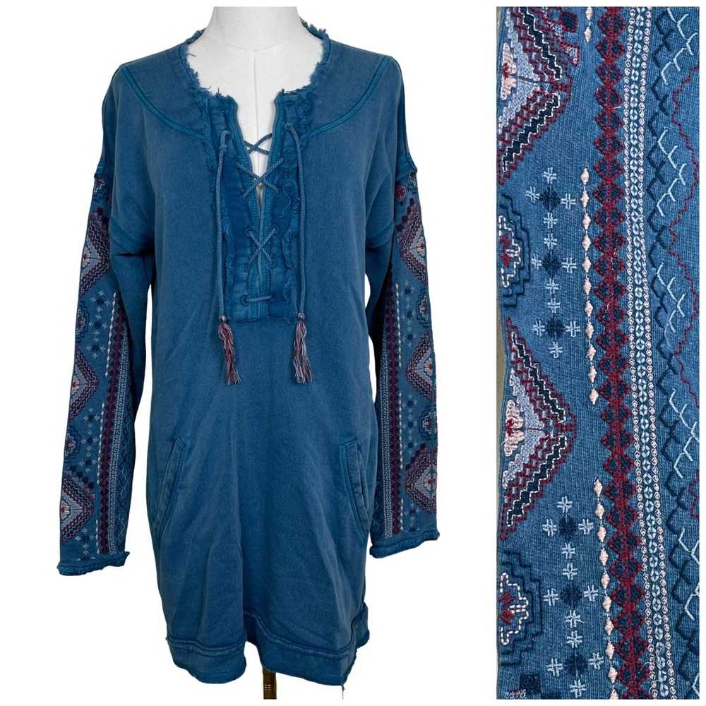 Sundance Embroidered Lace Up Tunic Sweatshirt Womens XS Blue Boho Raw Edge